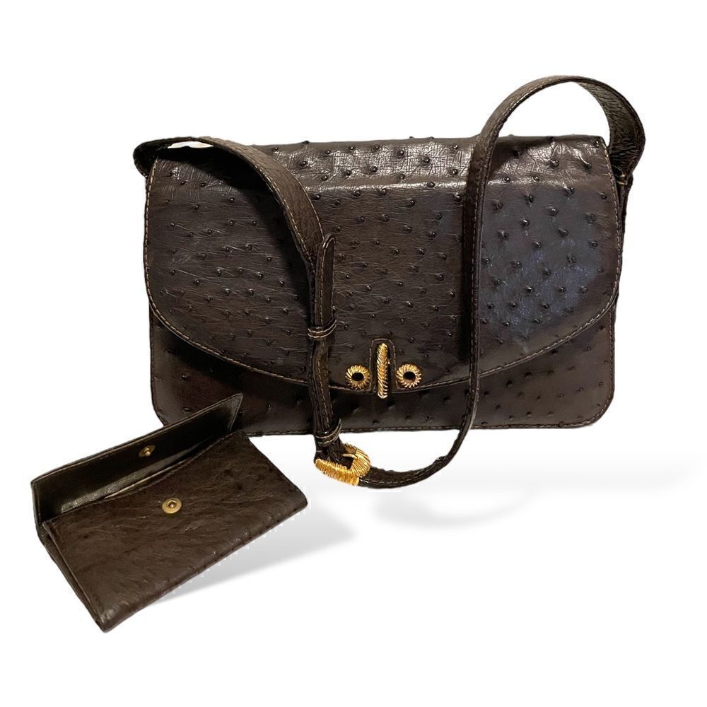 GUCCI Circa 60’s Brown Ostrich leather & Braided Gold Hardware Shoulder Bag